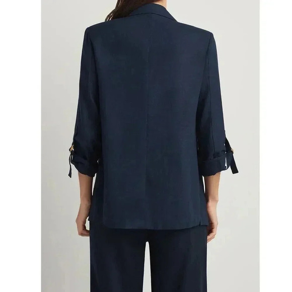Ellen Tracy Open Front Linen Blend Blazer Size Medium Navy Blue Gold Ring - Picture 3 of 12